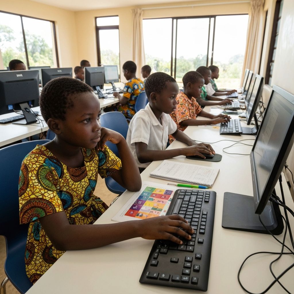 Young African students learning digital skills in a classroom